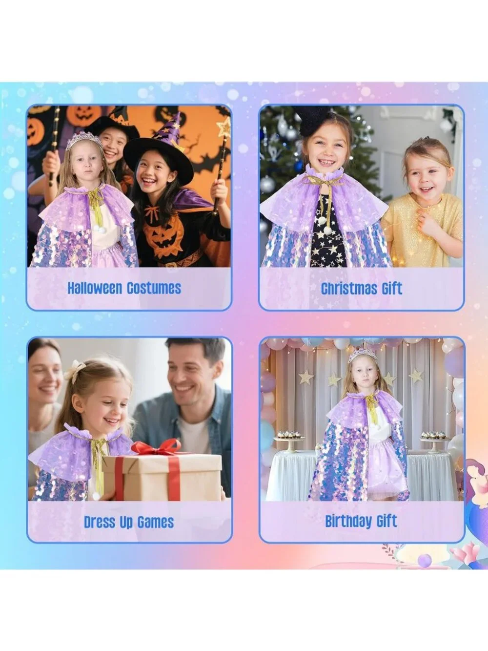 Mermaid Princess Dress Up Cape with Crown Costume Set for Girls -Purple